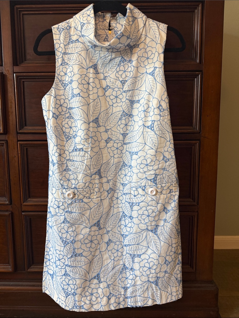 Lilly Pulitzer White Dress with Blue Floral Outline and Mock Neck